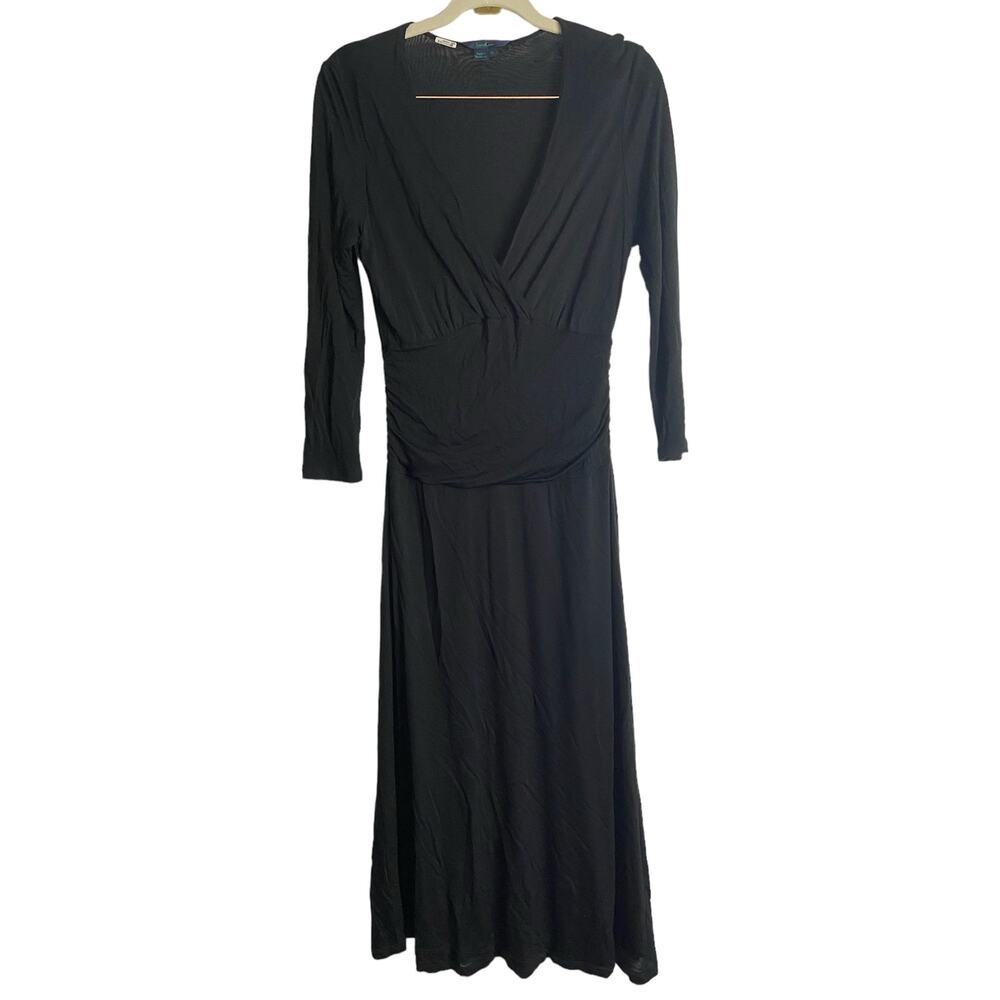 Boden Fit & Flare Midi Dress Crossover V Neck 3/4 Sleeve Ruched Black Size 10L